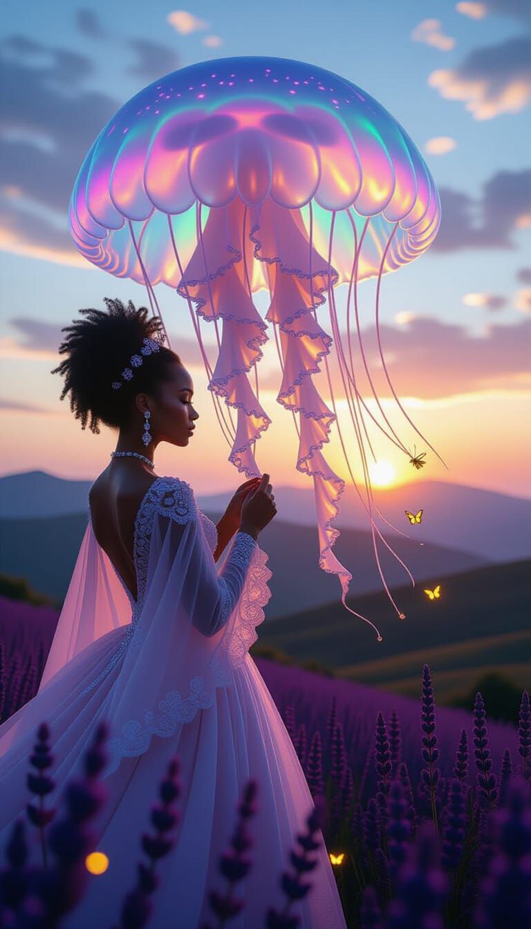 Colossal Sky Jellyfish with Afrofuturistic Sorceress