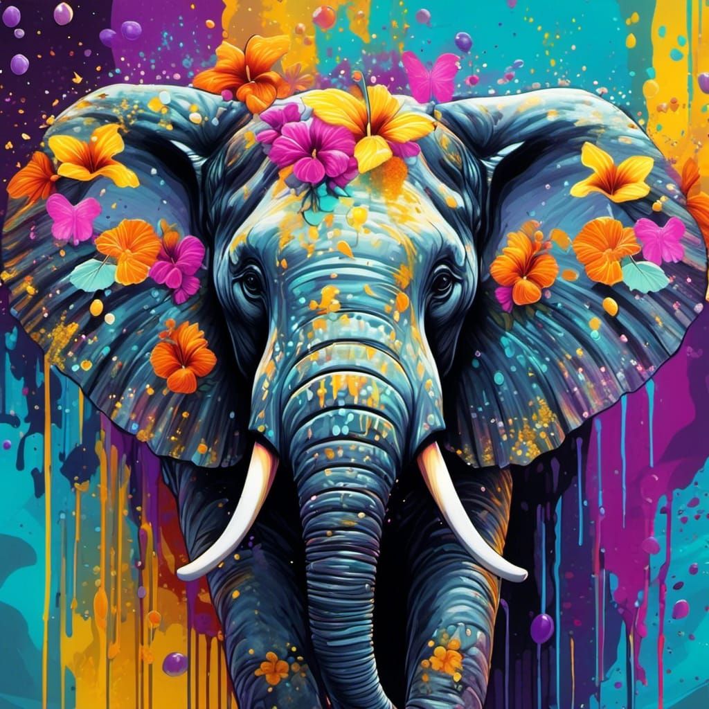 Iridescent Elephant in Sparkle Jungle: Graffiti Art