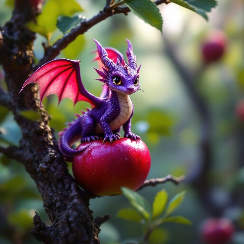 Regal Purple Dragon on Crimson Apple in Dreamlike Landscape