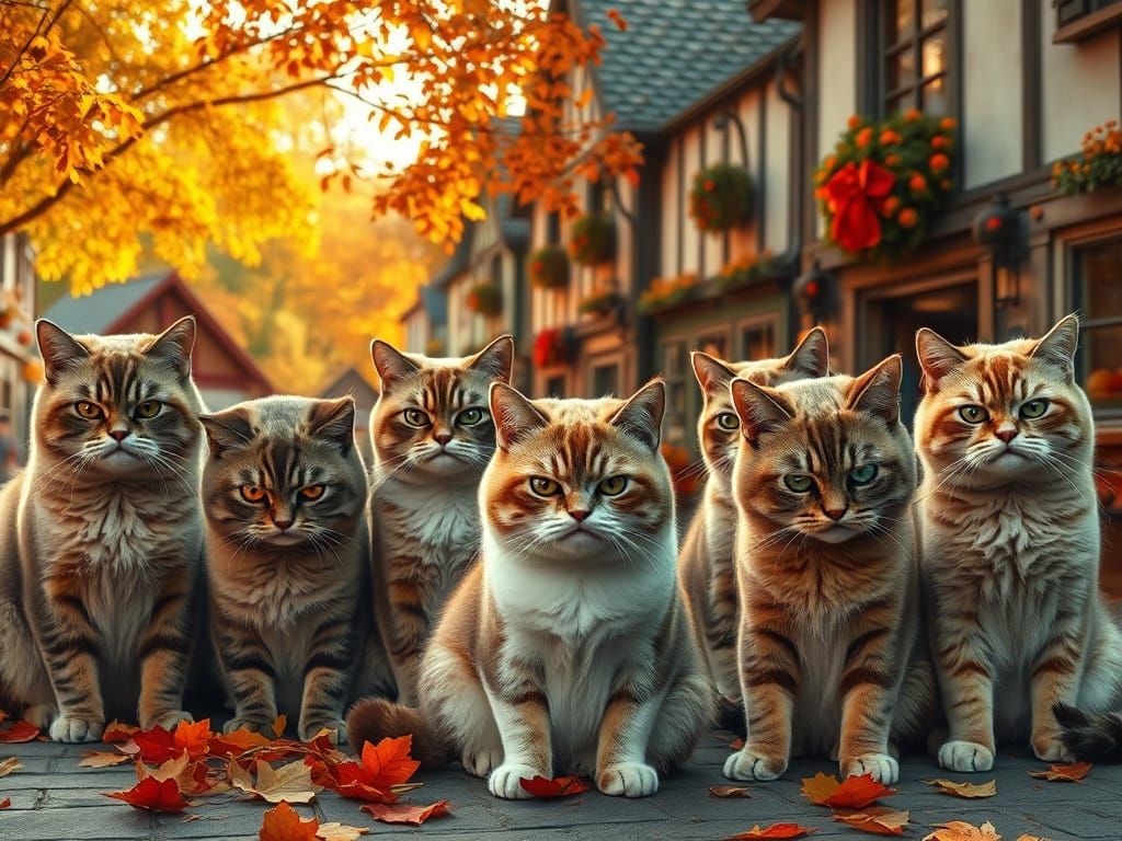 Grumpy Cats in Autumn Village Square