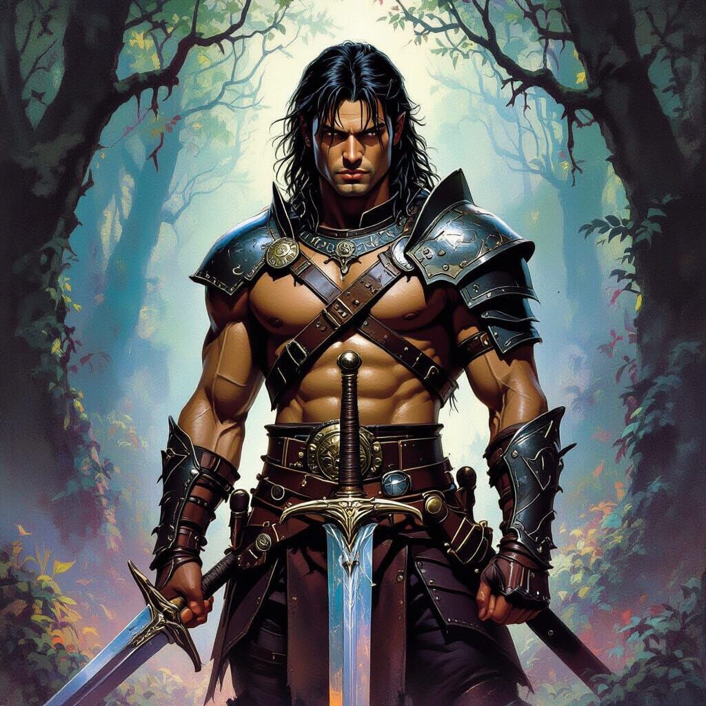 Heroic Young Warrior in Mystical Forest