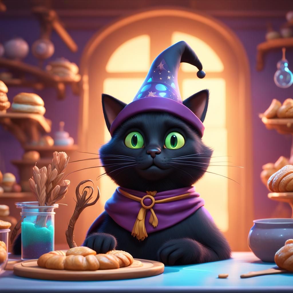 Pastry Wizard Black Cat in 3D Digital Art