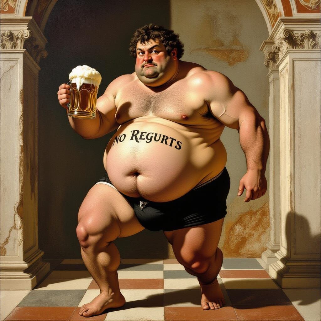 Man With "NO REGURTS" Tattoo Holds Beer Mug