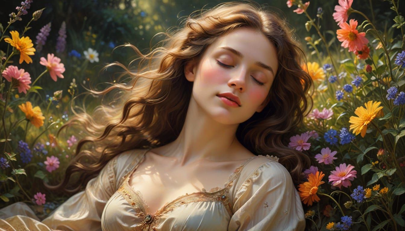 Serene Oil Painting of a Woman in a Field of Wildflowers