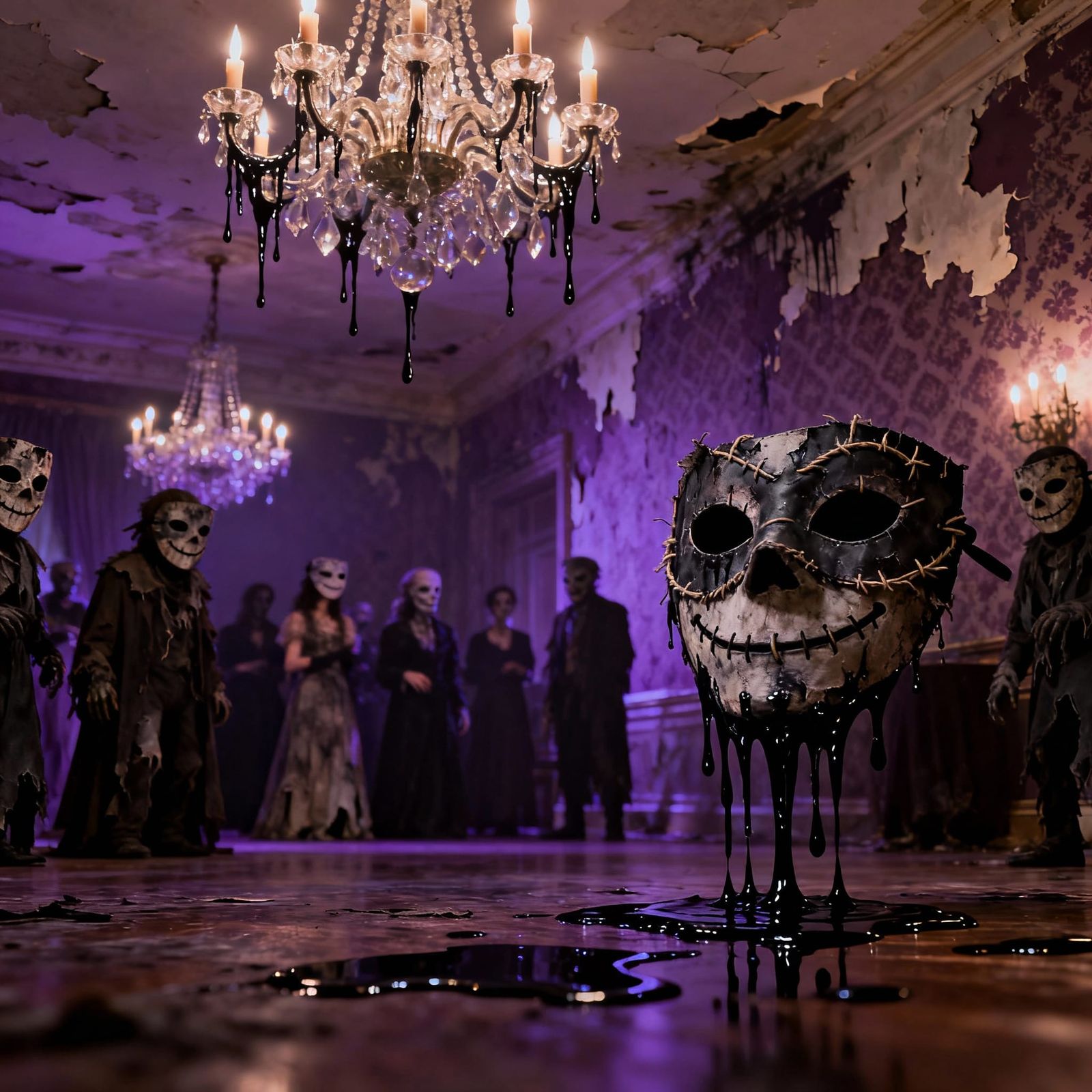 Haunted Masquerade With Eerie Guests and Dripping Chandelier...