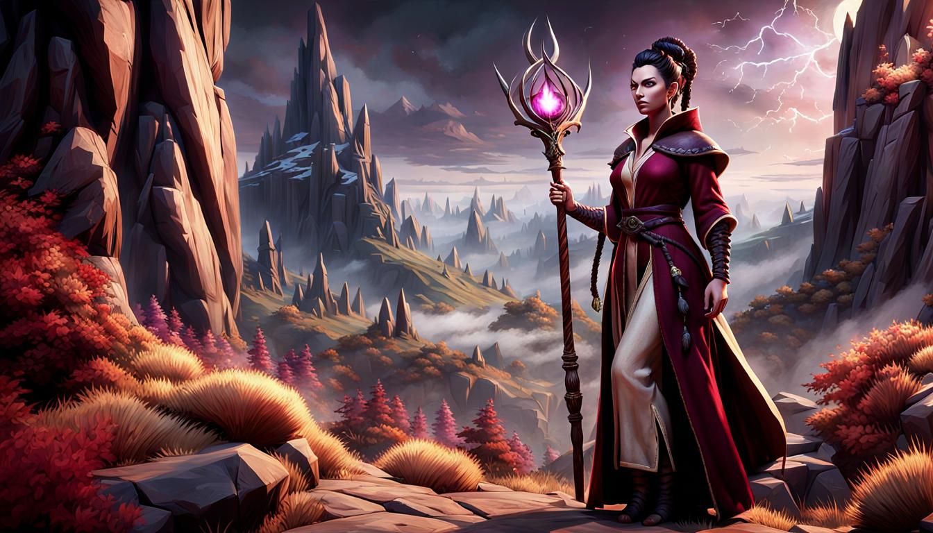 Muscular Qunari Mage with Staff in Fantasy Landscape