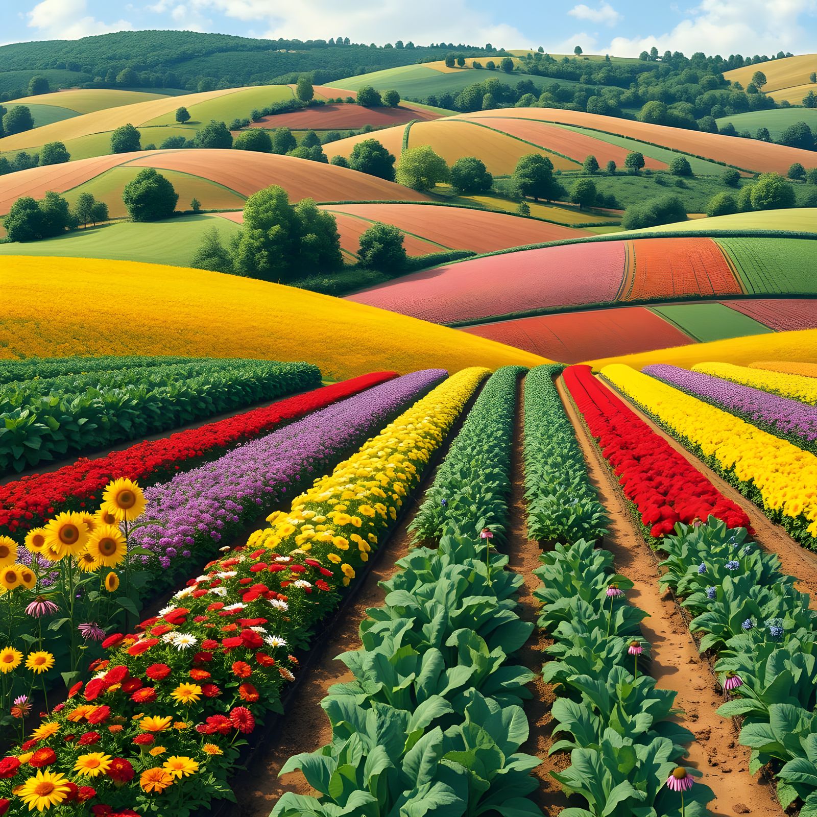 Vibrant Farm Landscape with Colorful Blooms and Lush Green R...