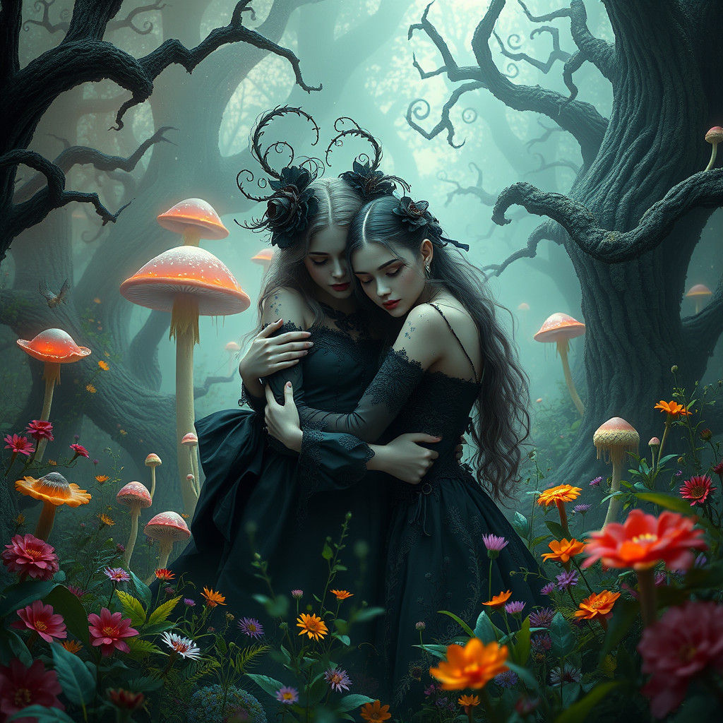 Gothic Girls in Whimsical Forest, Art Nouveau Style