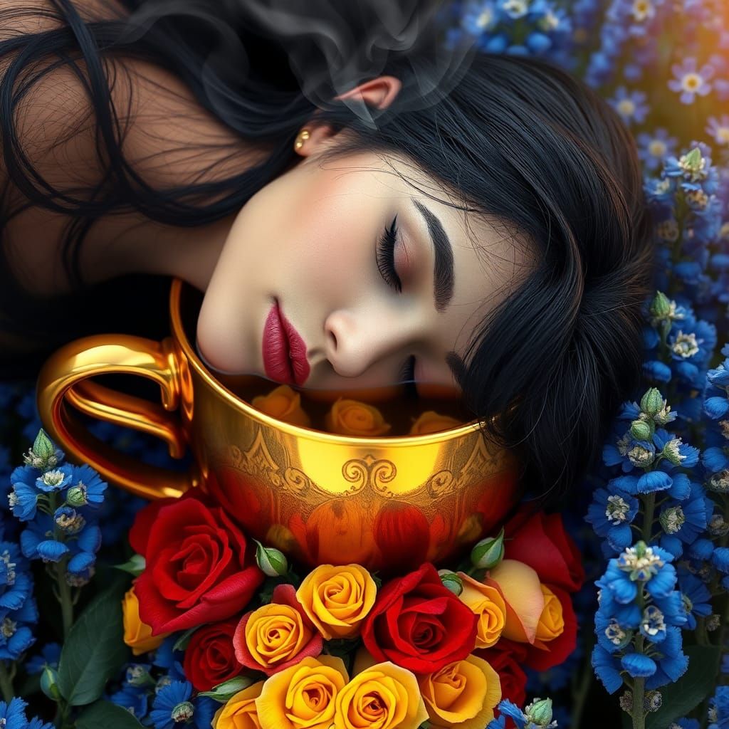 Woman Sleeping in Golden Coffee Cup with Roses
