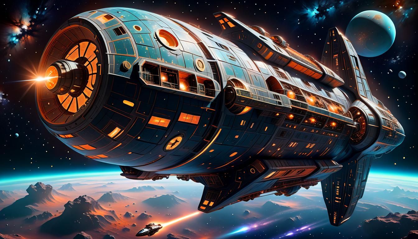 Starship with Intricate Details Amidst Nebula