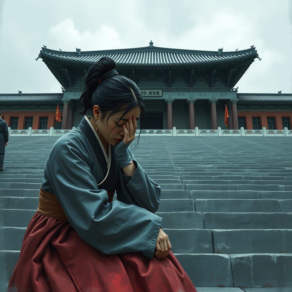 Despairing Woman in Hanbok: Gritty Futuristic Art