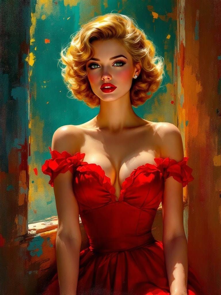 1950s Pin-Up in Impressionist Style with Turquoise and Gold