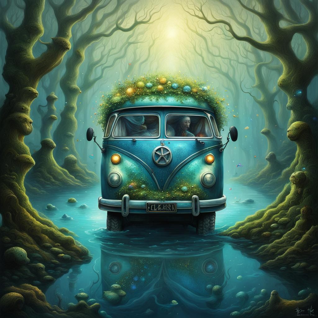 Bioluminescent Campervan in Dreamlike Landscape