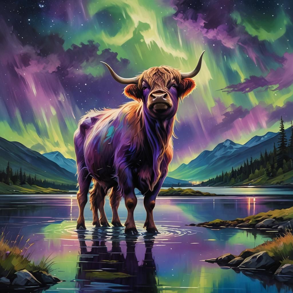 Highland Calf Watches Northern Lights: Realistic Oil Paintin...