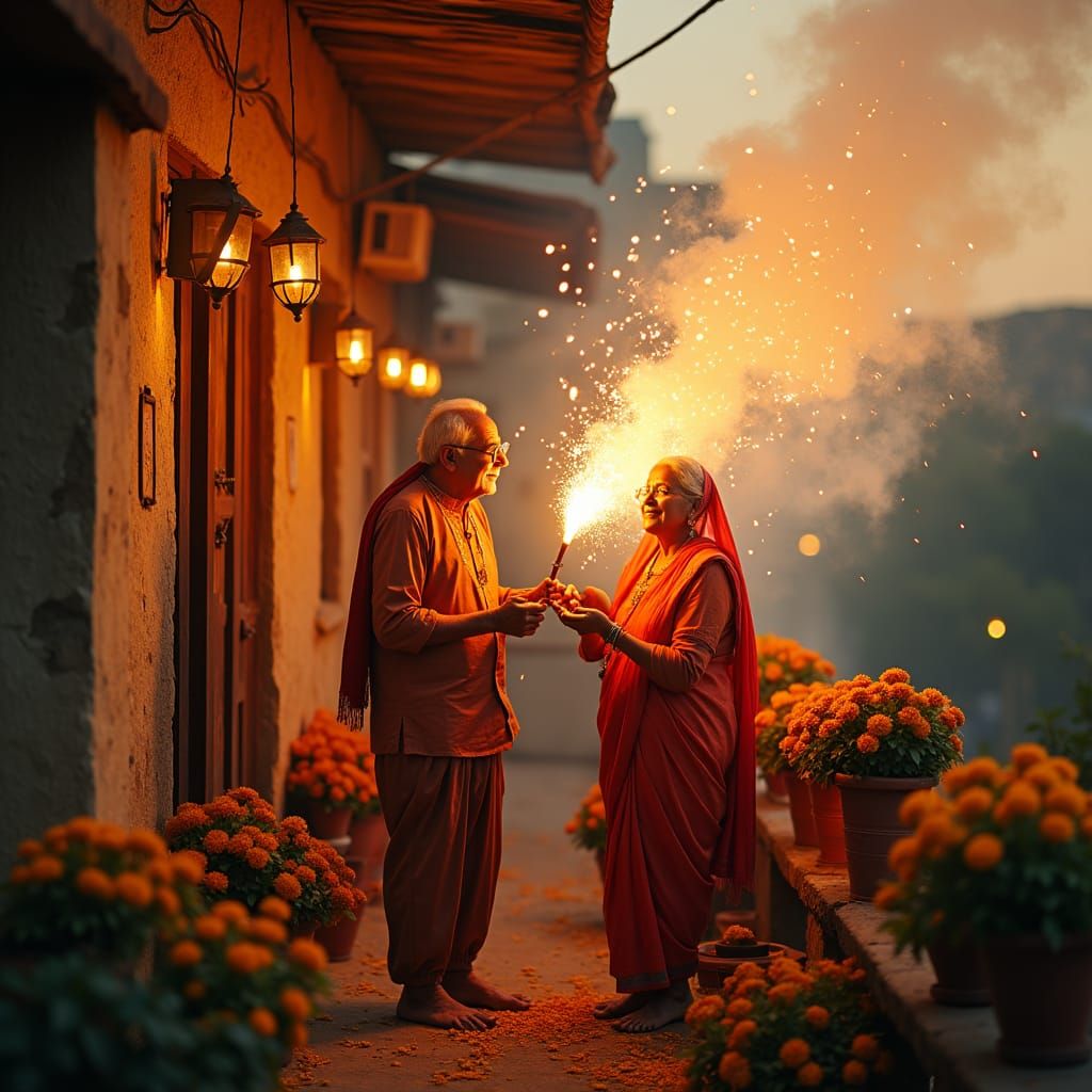 Joyful Diwali Celebration: Indian Couple with Fireworks