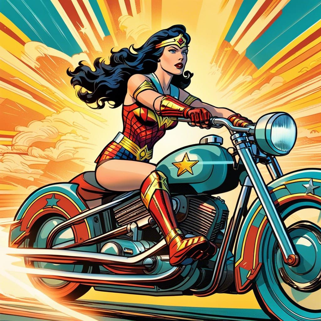 Wonder Woman on Motorcycle in Retro Comic Style
