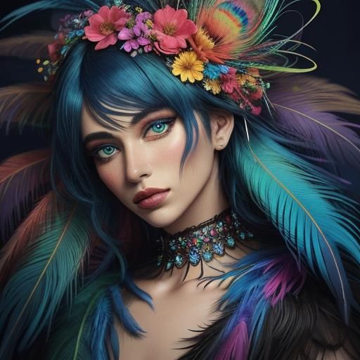 Vibrant Pop Art Portrait with Peacock Feathers