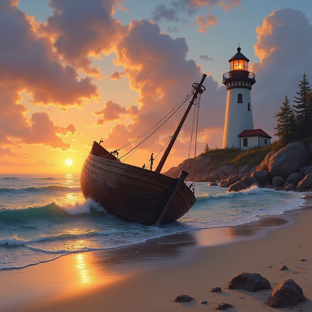 Stranded Ship at Sunset in Kinkade Style