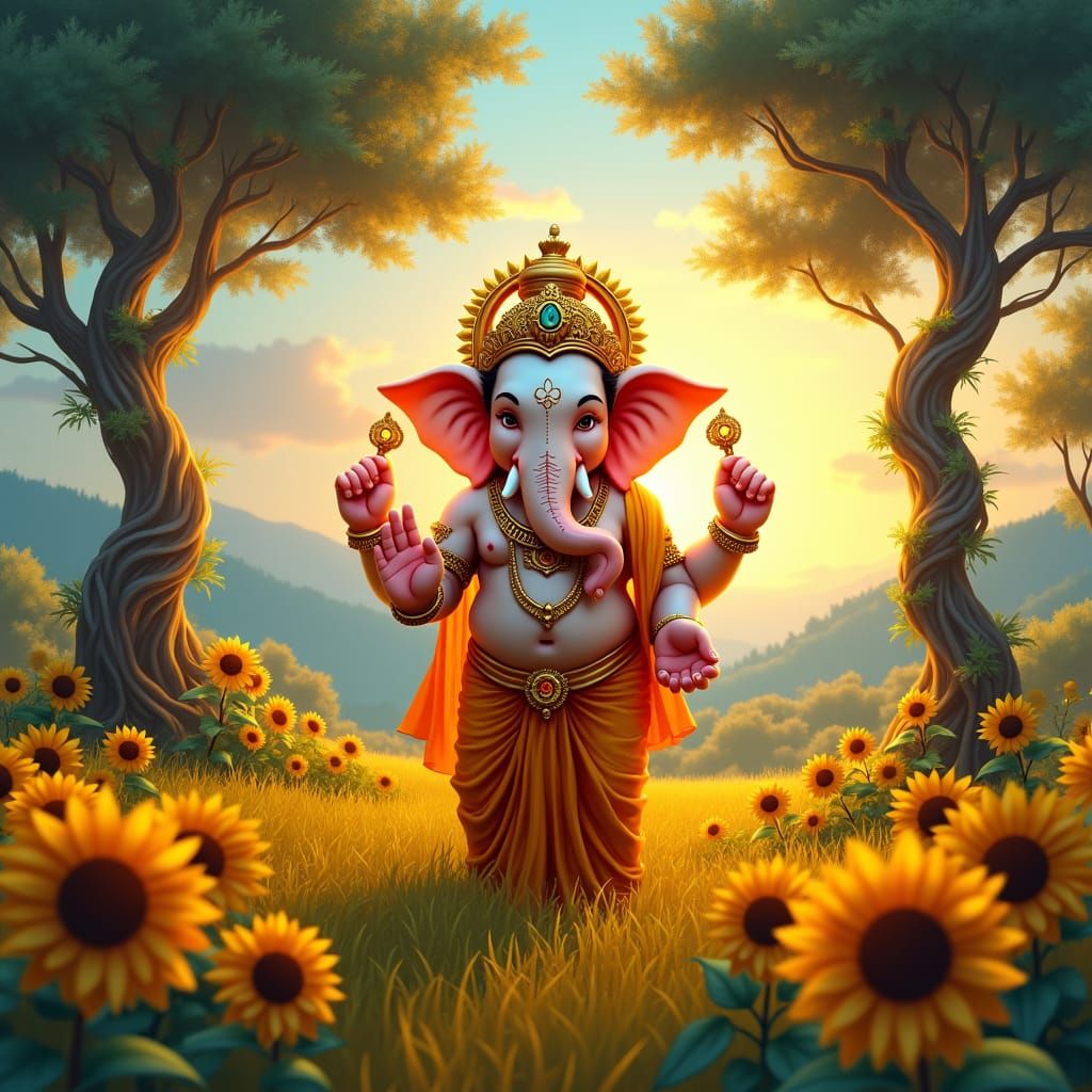 Lord Ganesha in Golden Farm Field at Sunset