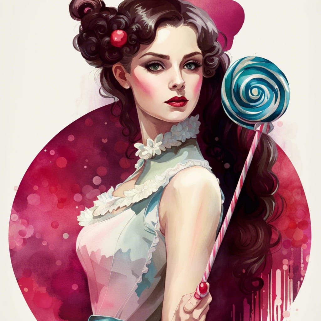 Victorian Cyber Girl with Lollipop in Watercolor Style