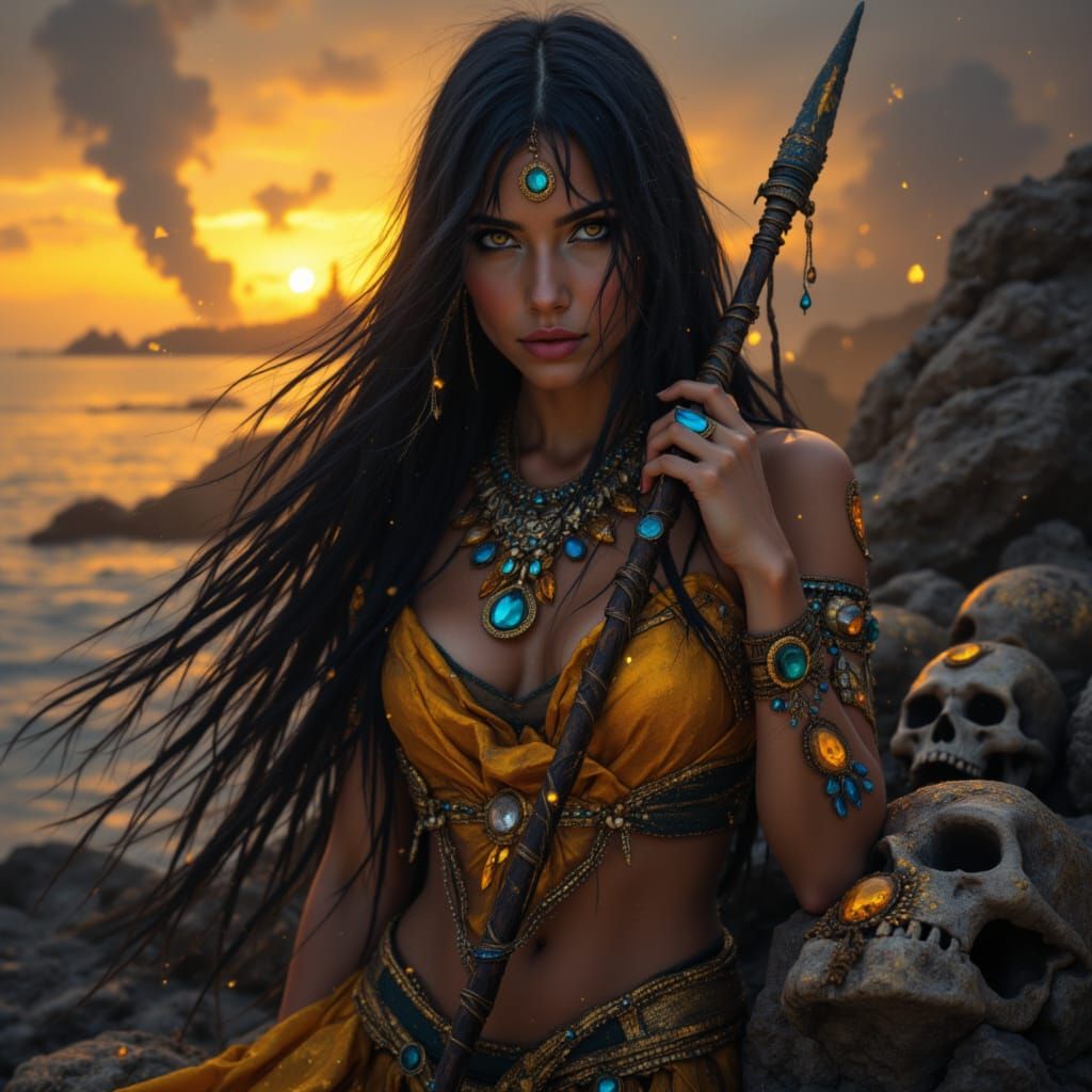 Fierce Warrior Woman in Ceremonial Outfit at Sunset