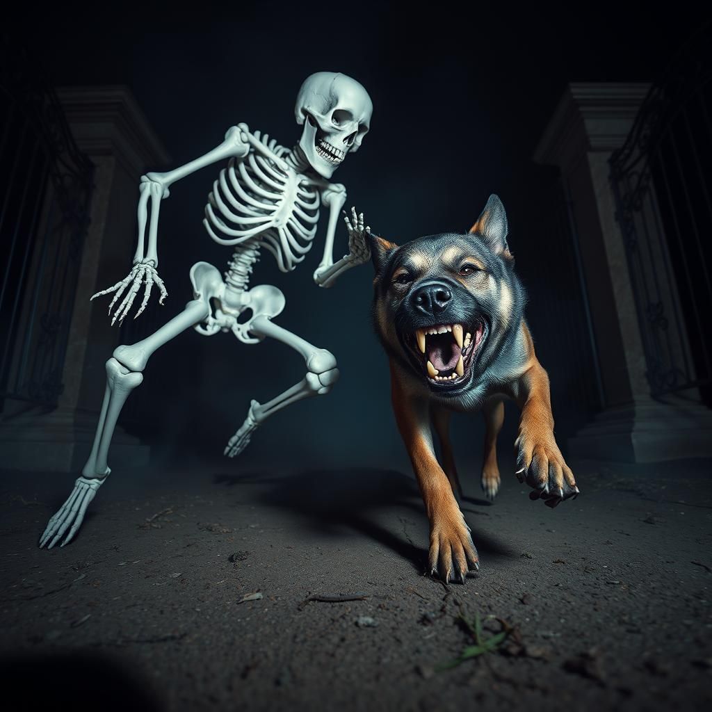 Dog Attacks Skeleton in Dark Cemetery
