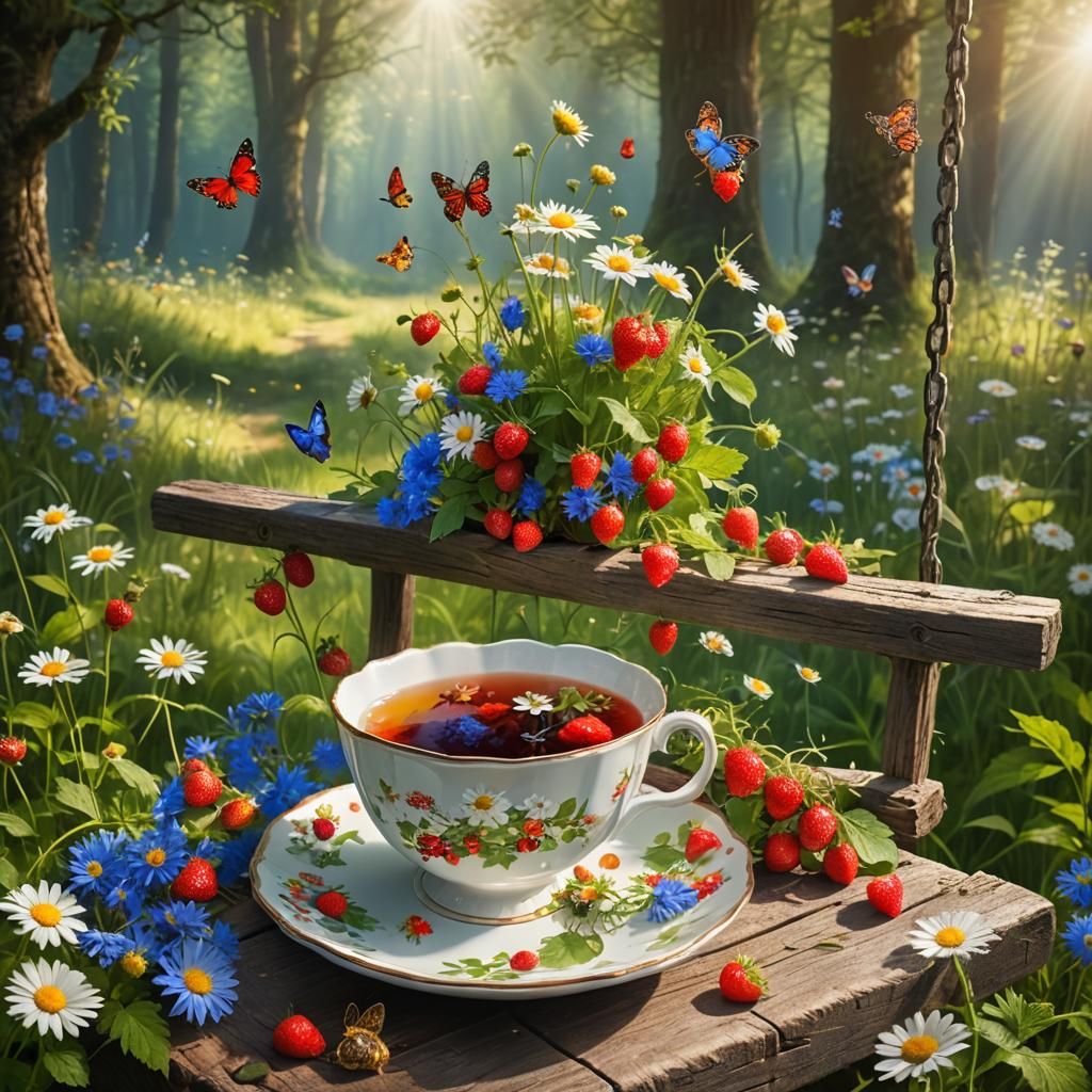 Strawberry Tea Mug on Swing, Detailed Matte Painting