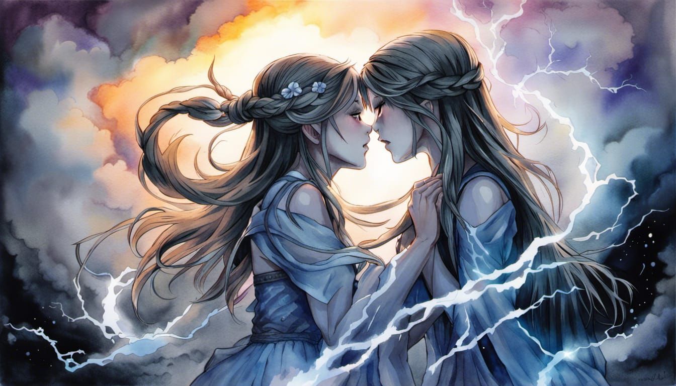Thunder Goddesses' Kiss in Astral Storm, Watercolor Style