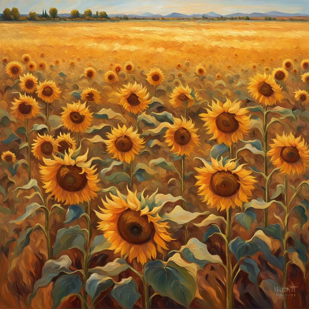 Impressionistic Sunflower Field Panorama in Golden Light