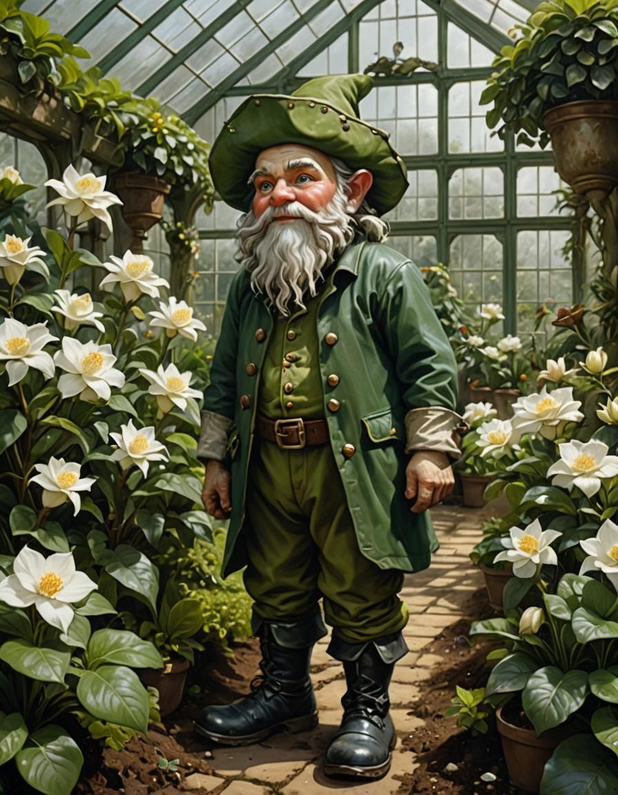Gnome Gardener in a Giant Greenhouse, Gainsborough Style