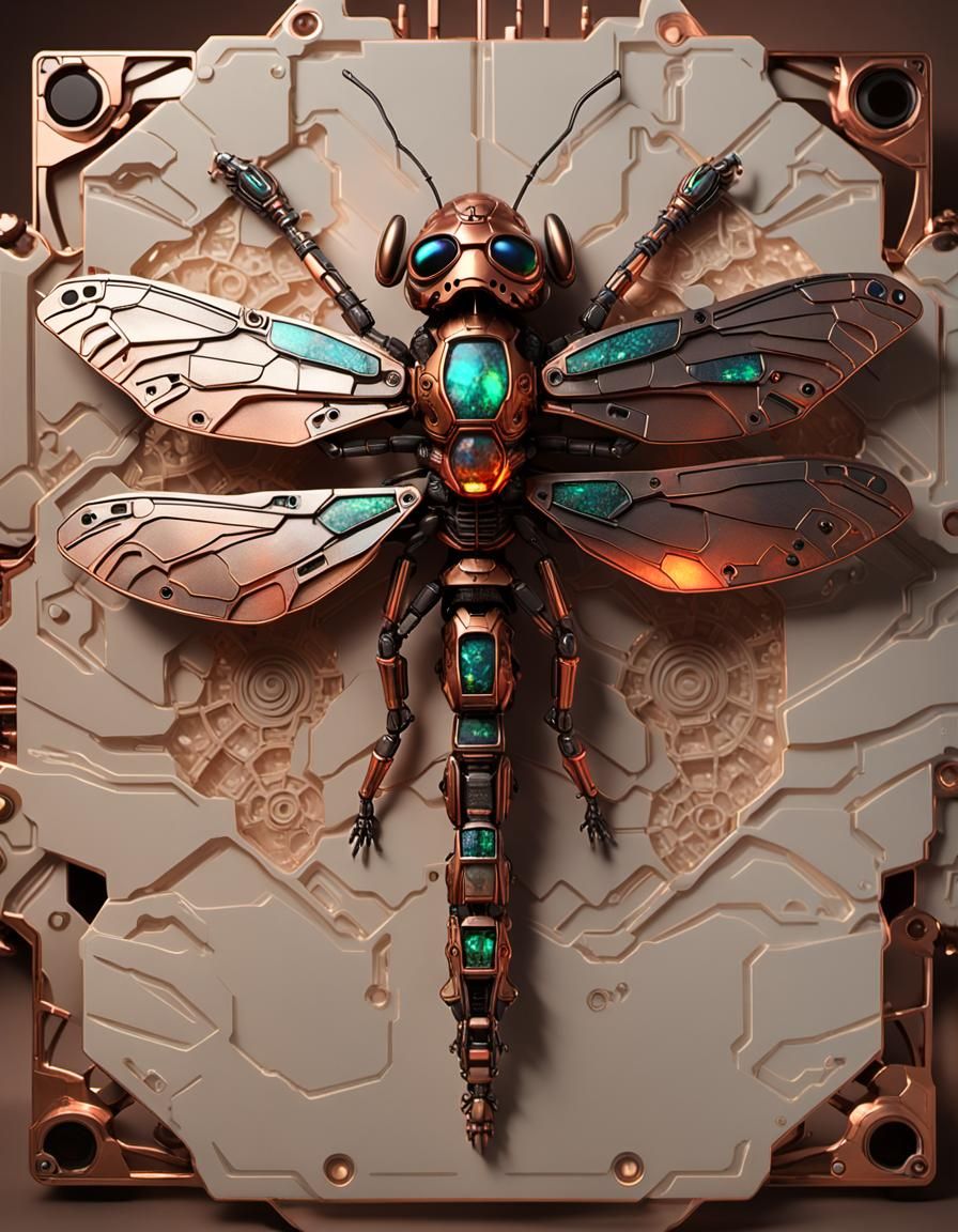 Futuristic Mecha Dragonfly on Onyx Skull