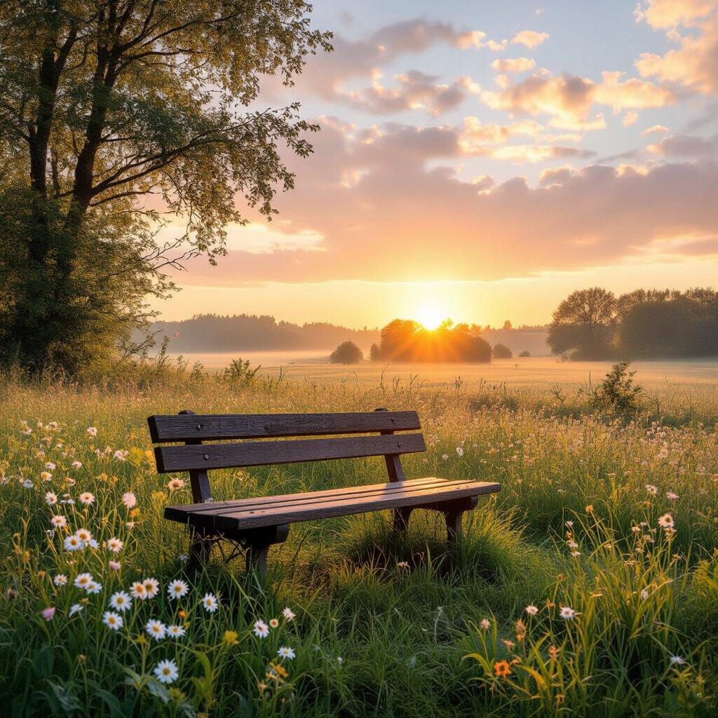 Serene Countryside Sunrise in Impressionistic Style