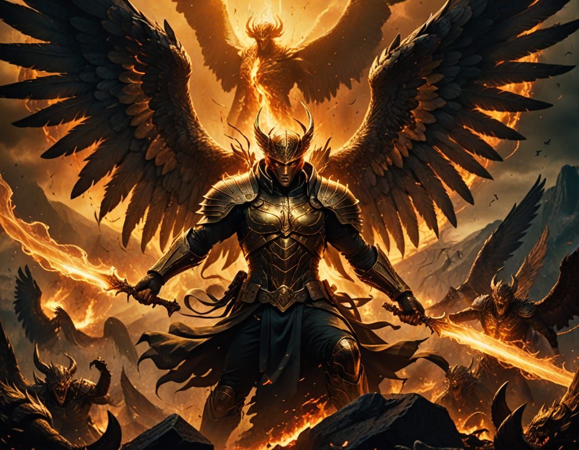 Archangel Fighting Demons in Dark Fantasy Style
