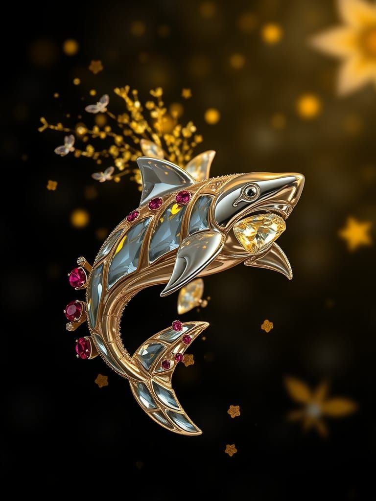 Soaring Shark Brooch with Molten Silver and Crystals