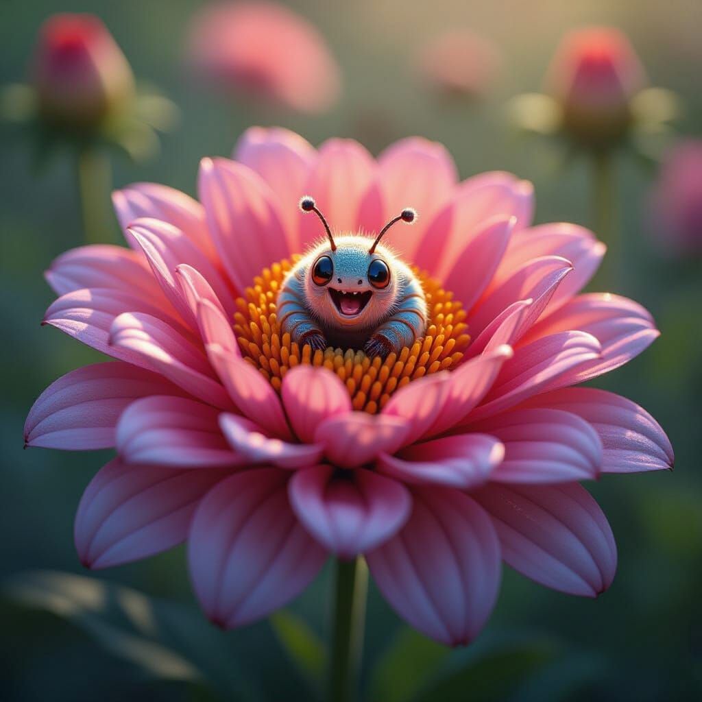 Caterpillar Emerges from Luminescent Flower, Hyperrealistic ...