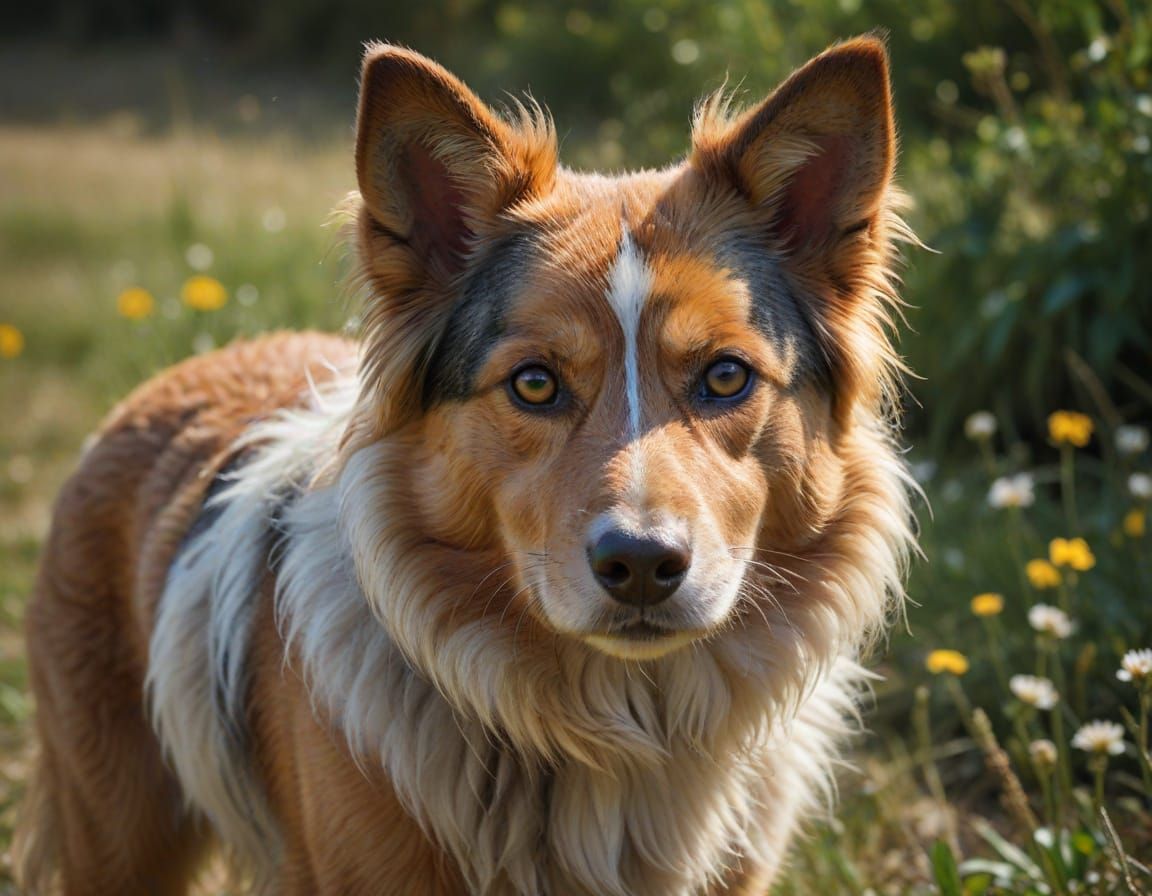 Hyperrealistic Dog Portrait in Spring Meadow