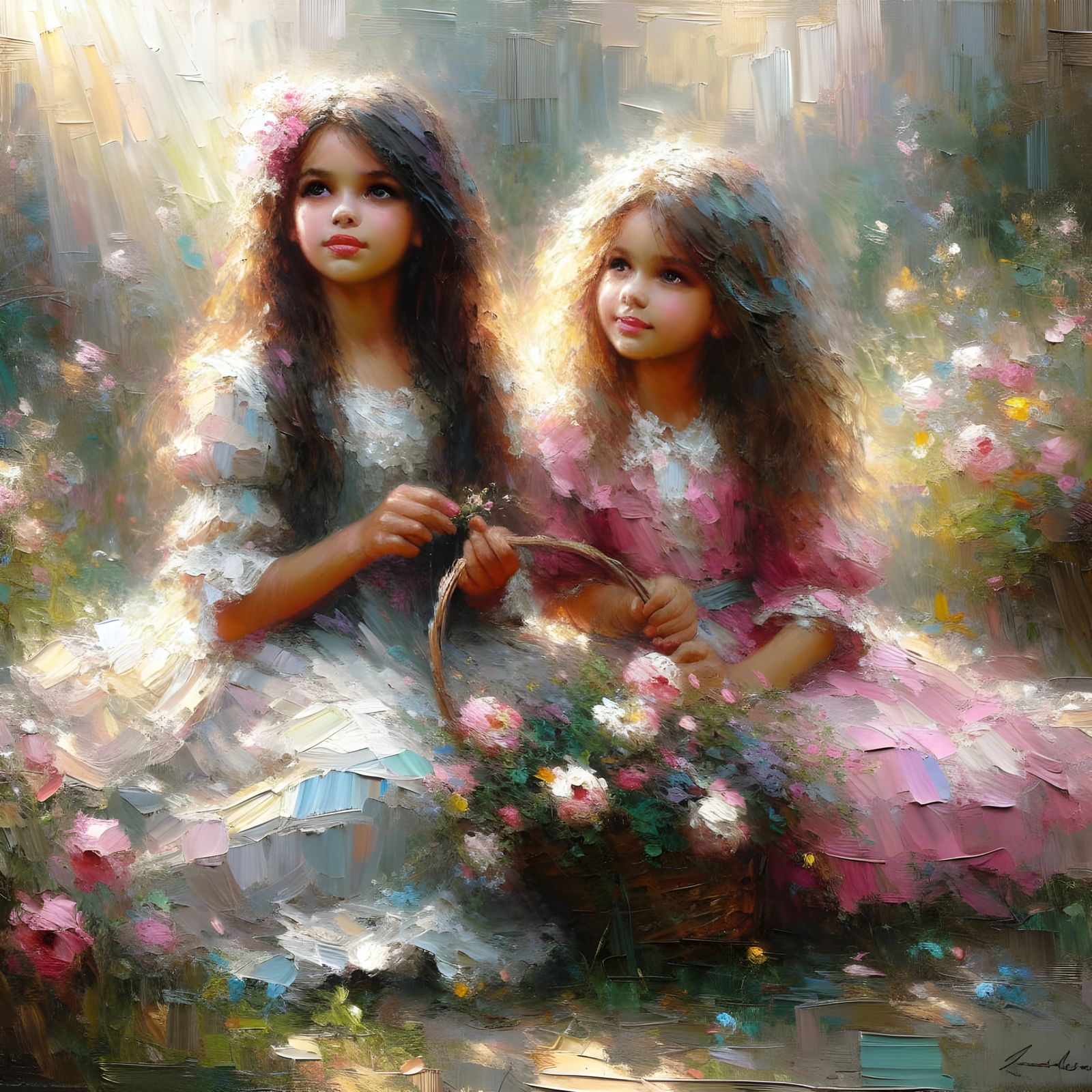 Impressionistic Girls in a Vibrant Flower Field