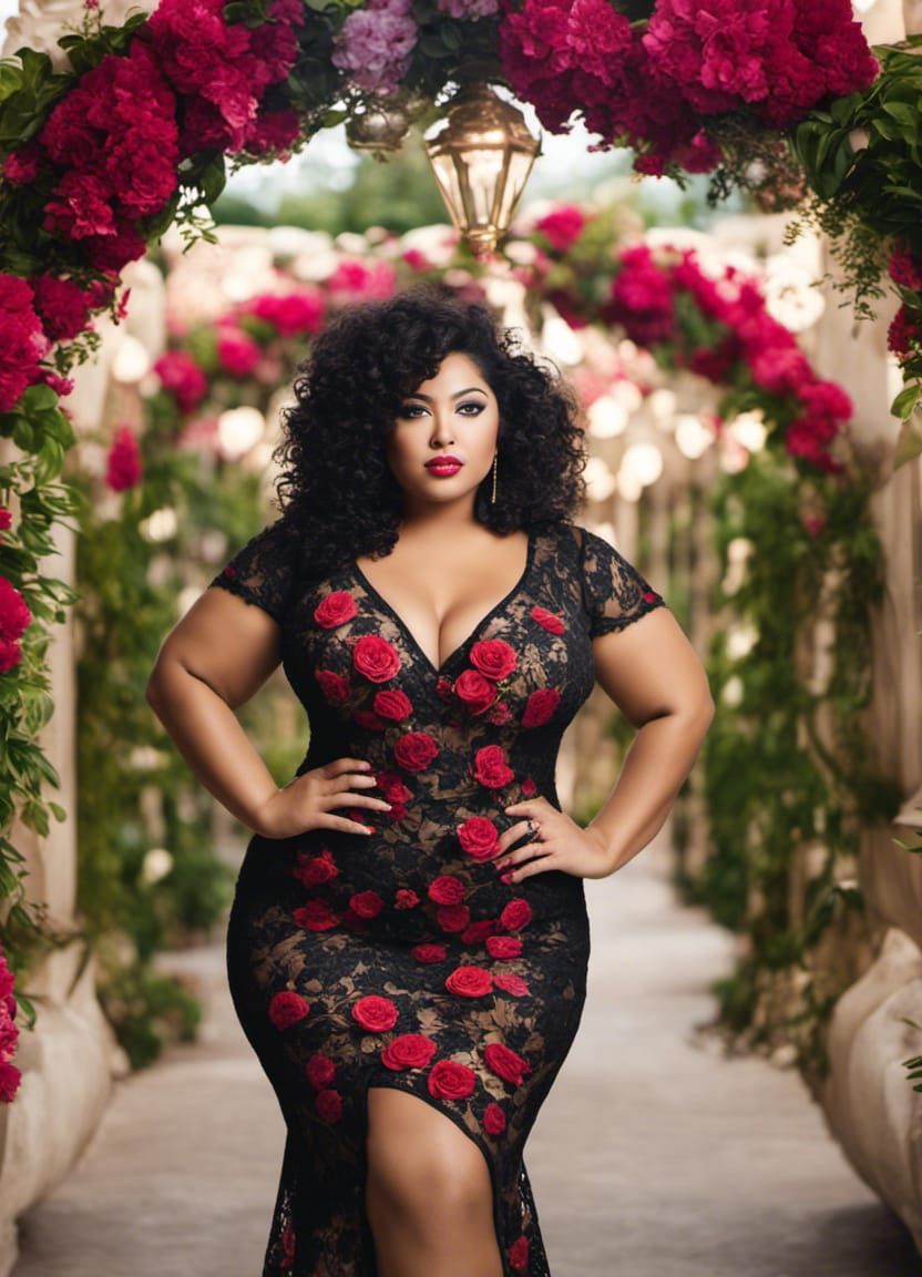 Plus-Size Woman in Floral Dress, Graffiti Art