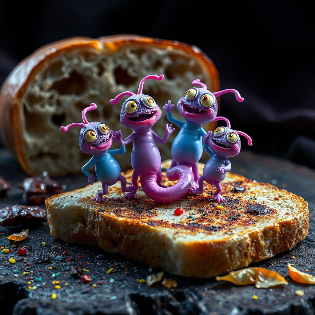 Some colourful silly germs are dancing and eating on spoiled...