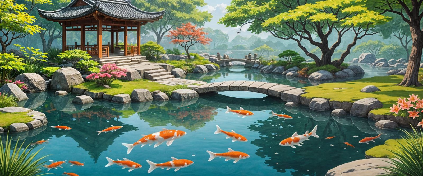 Serene Zen Garden with Koi, Watercolor Style