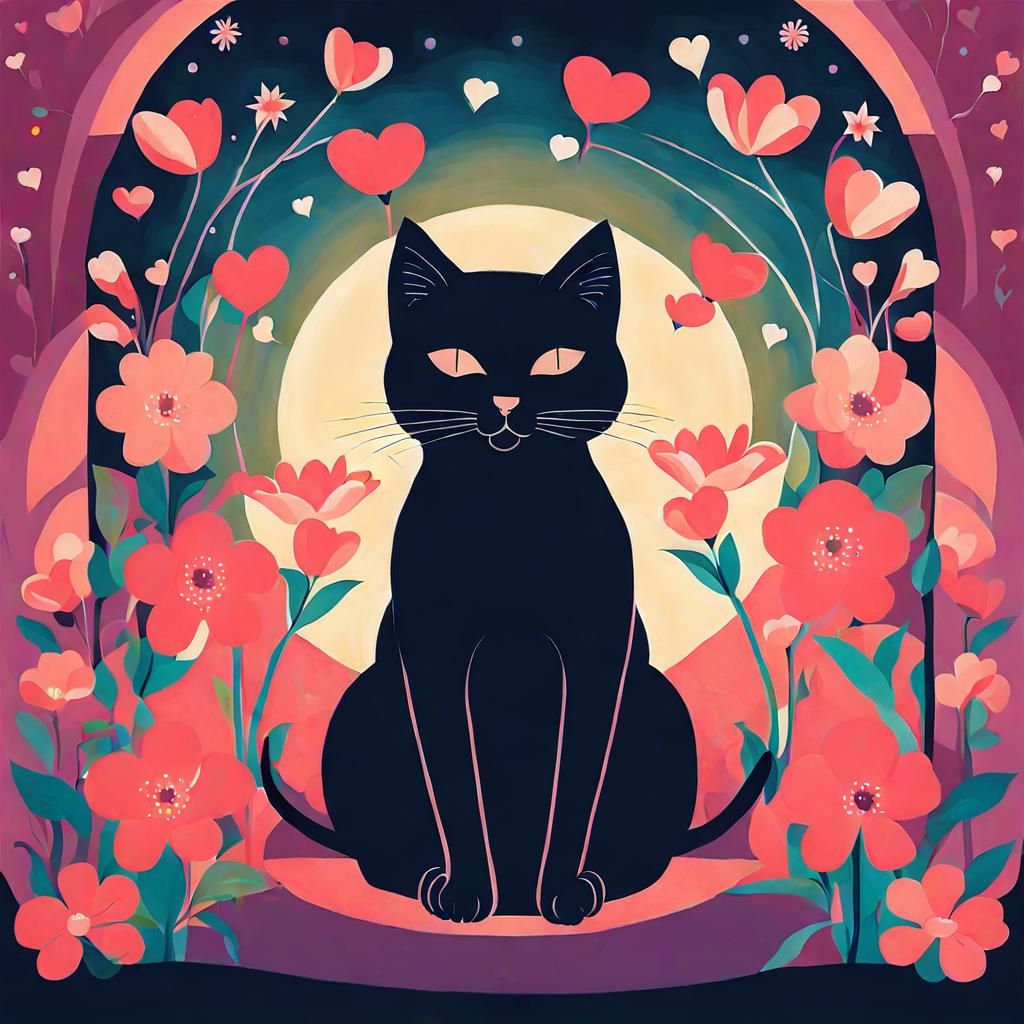 Cat with Flowers in Harlem Renaissance Style