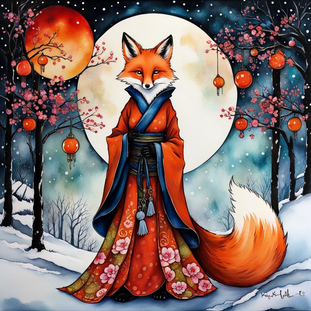 Kitsune Fox Woman in Kimono, Alcohol Ink Art