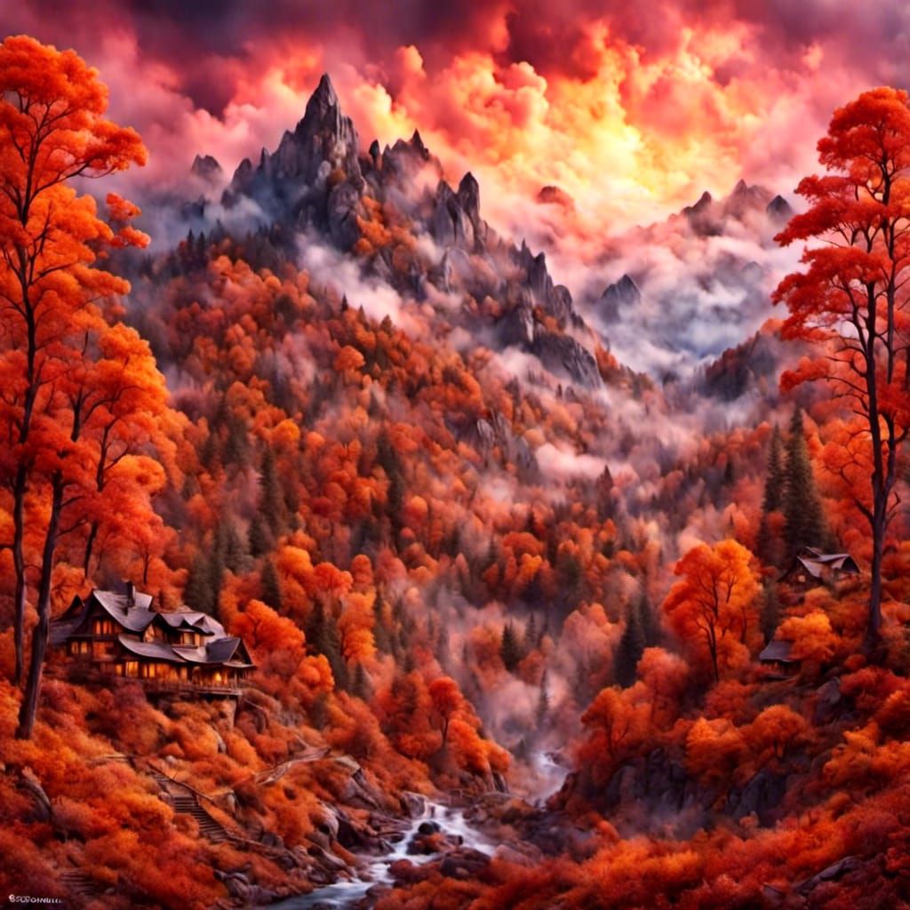 Autumn Mountain Landscape in Watercolor Style
