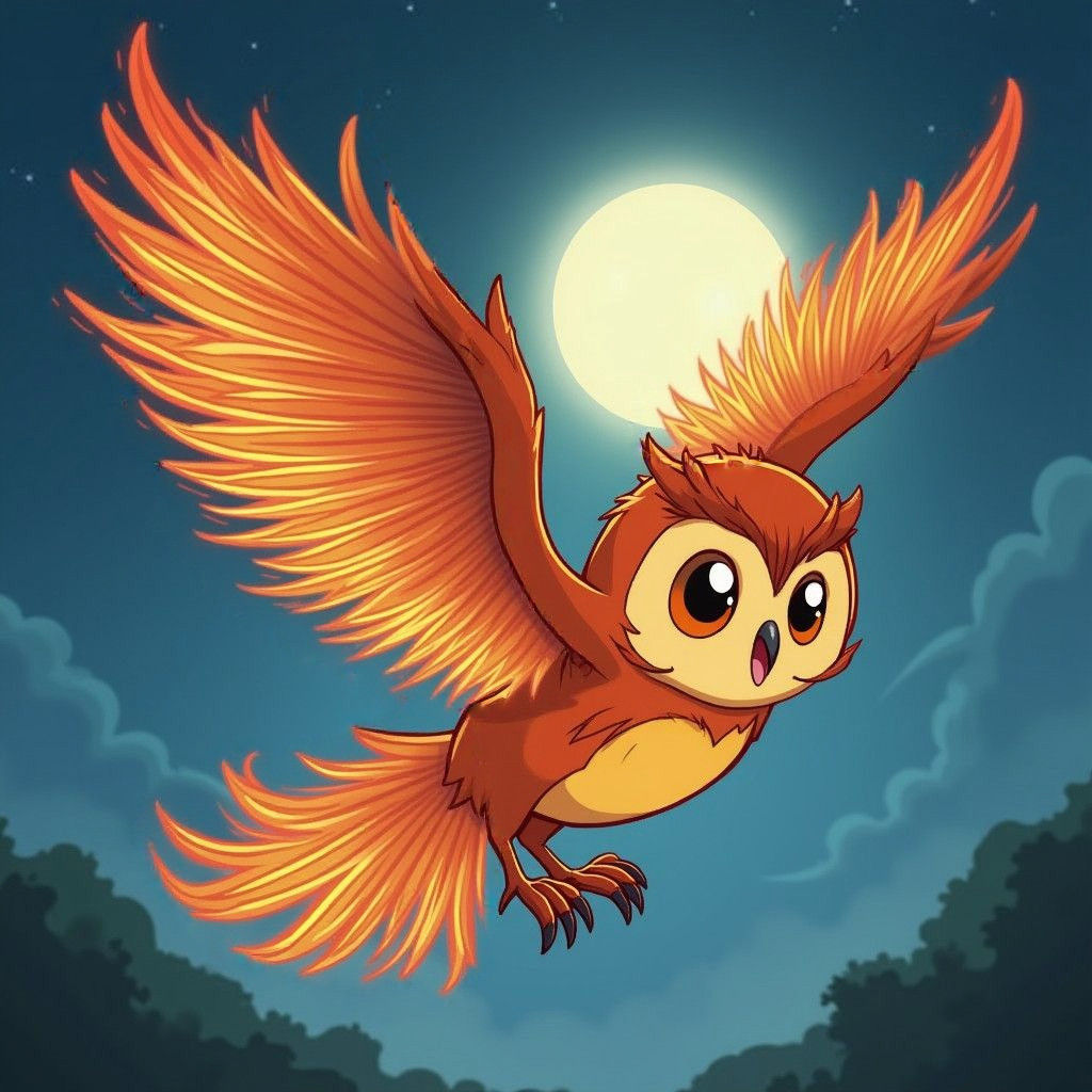 Cartoon Owl Soaring with Fiery Wings