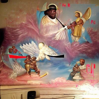 Surreal Sword Fight: Multi-Armed Figure vs. Angel
