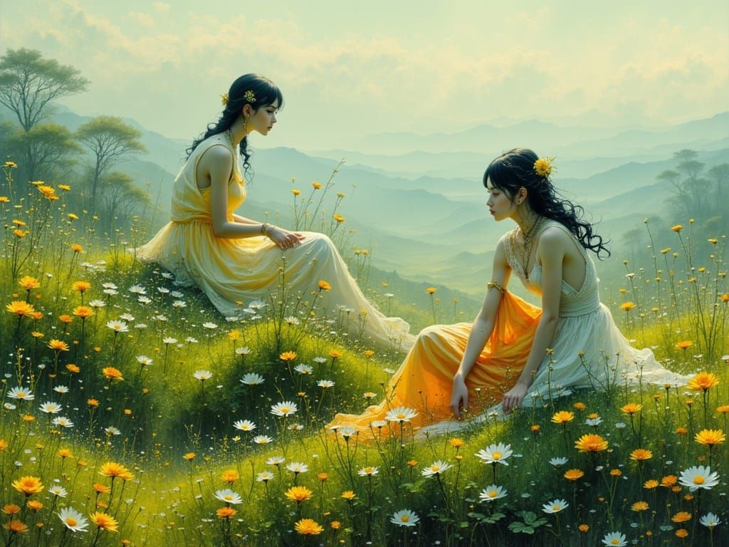 Surreal Retro-Futuristic Woman on Grassy Hill