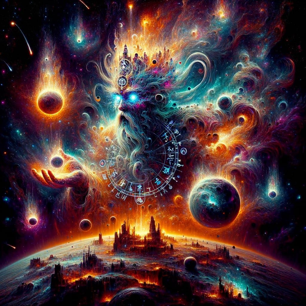 Astral Deity Amid Cosmic Storm in Inverted Colors