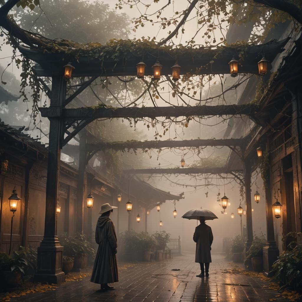 Ethereal Figure Under Lanterns: Fantasy Concept Art