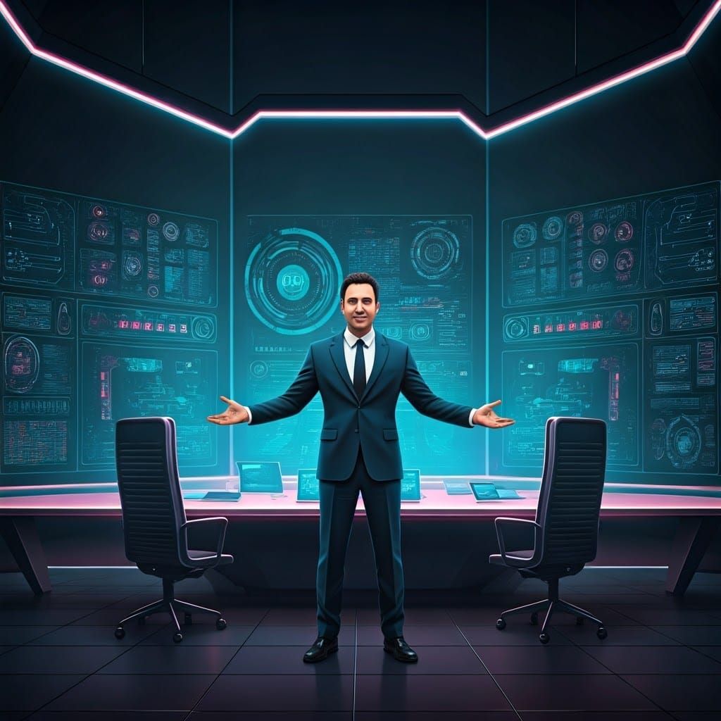 Charismatic Futuristic CEO Showcases Revolutionary AI Model