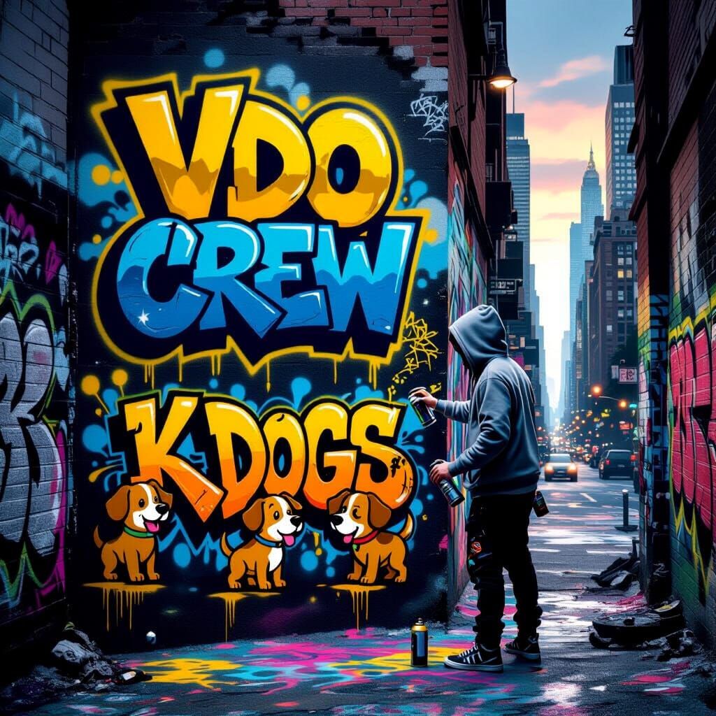 Vibrant Graffiti Mural with Artist and Cartoon Dogs